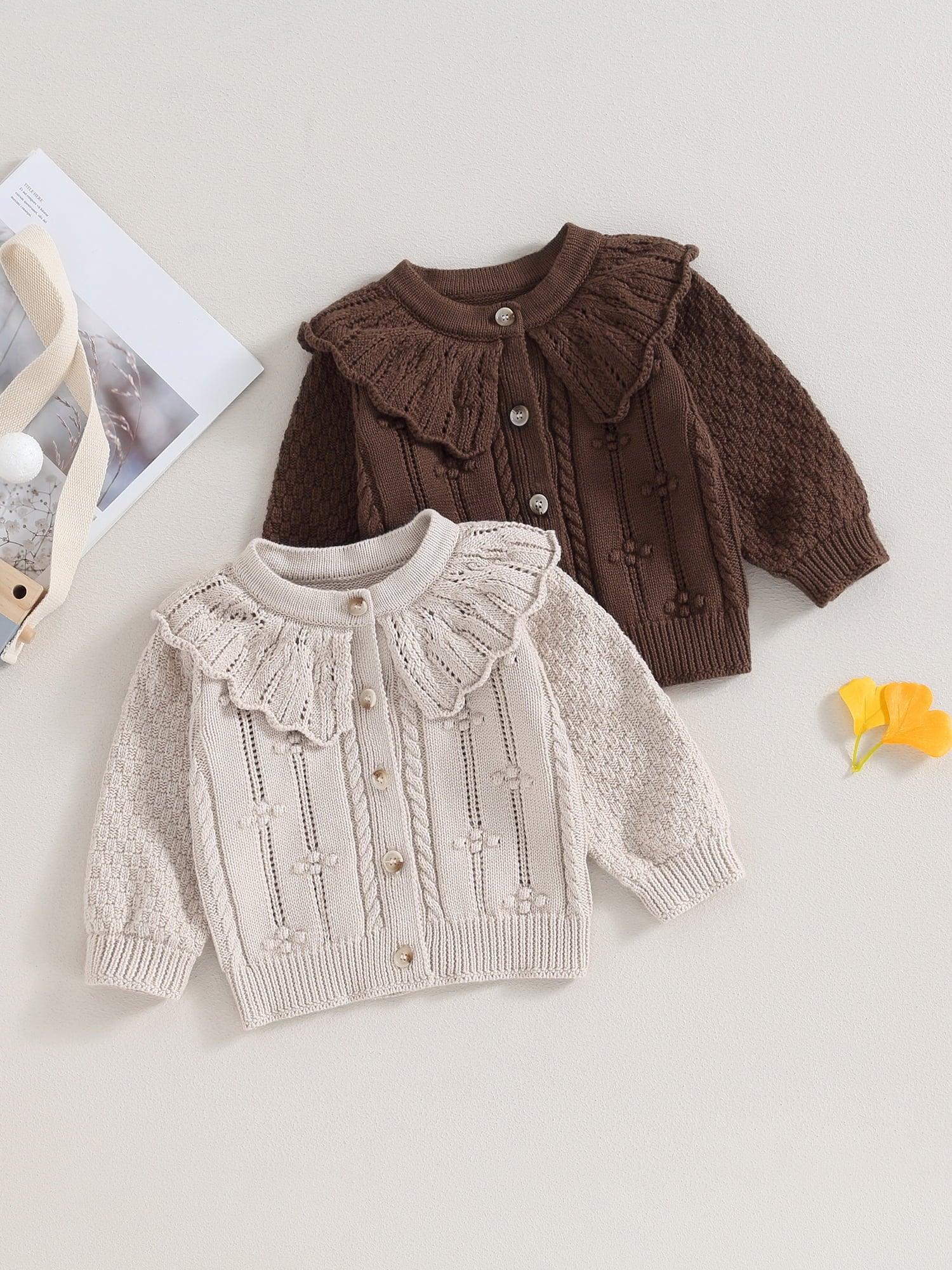 Elippeo Baby Girls Knitted Cardigan Sweater 3M 6M 12M 18M 24M Cute Doll Collar Crochet Button Closure Clothes Outerwear Winter Kids Tops Outfits
