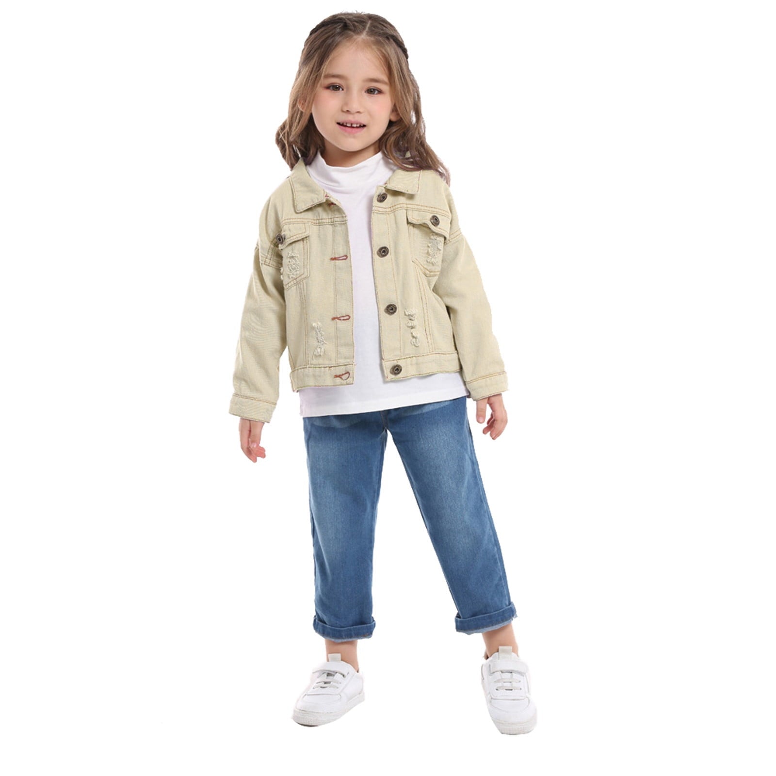 Glisme Girls Denim Jacket Windproof Solid Color Denim Coat Jacket Kids Warm Jacket Regular Fit Outerwear For Daily Wear Size 18-24 Months Beige