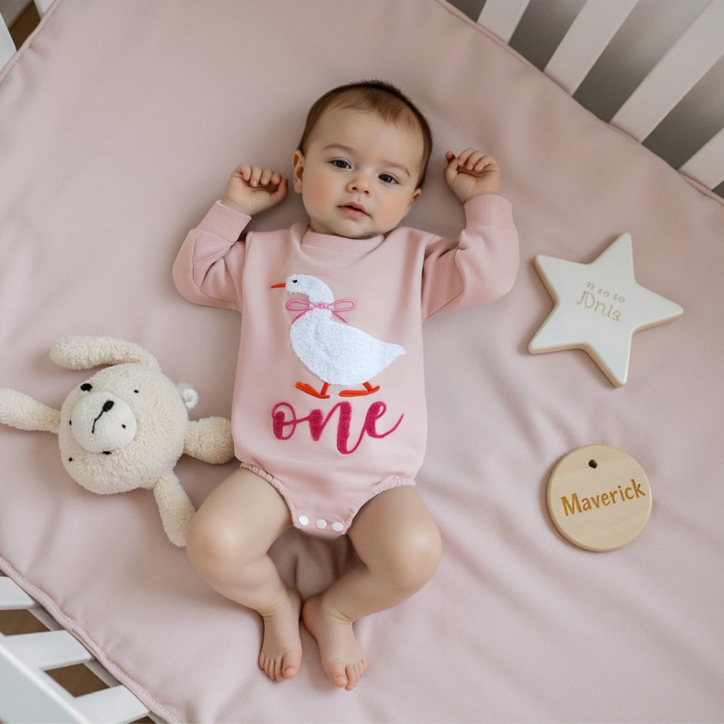 FYEGRE Baby Girls First Birthday Outfit Long Sleeve Goose Embroidery Soft Bodysuit Romper for Toddler Photo and Wear Pink 6-12 Months