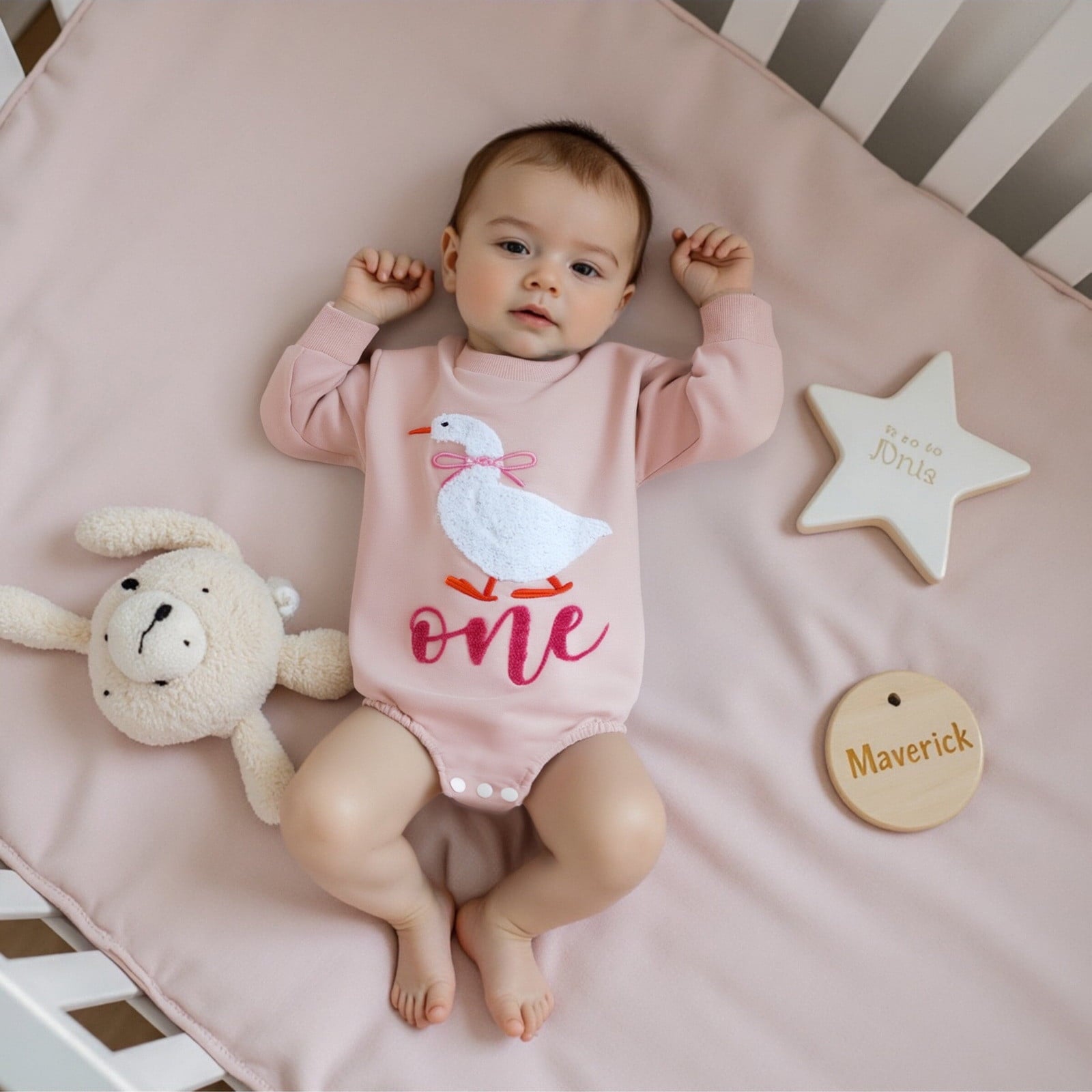 FYEGRE Baby Girls First Birthday Outfit Long Sleeve Goose Embroidery Soft Bodysuit Romper for Toddler Photo and Wear Pink 6-12 Months