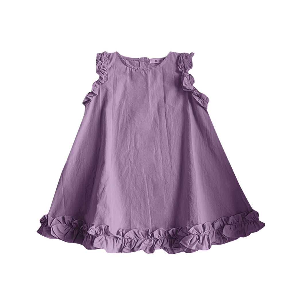 Annhoo Cotton Dresses for Toddler Girl Casual Crewneck Ruffle Trim Sleeveless Dress Kids Loose Comfy Mini Dress