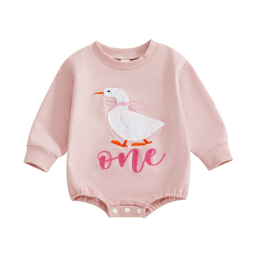 FYEGRE Baby Girls First Birthday Outfit Long Sleeve Goose Embroidery Soft Bodysuit Romper for Toddler Photo and Wear Pink 6-12 Months