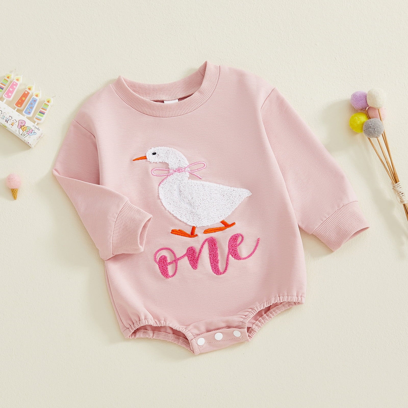FYEGRE Baby Girls First Birthday Outfit Long Sleeve Goose Embroidery Soft Bodysuit Romper for Toddler Photo and Wear Pink 6-12 Months