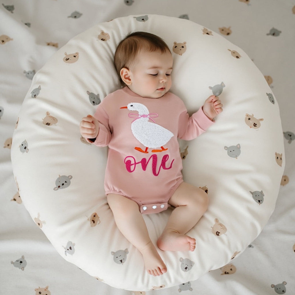 FYEGRE Baby Girls First Birthday Outfit Long Sleeve Goose Embroidery Soft Bodysuit Romper for Toddler Photo and Wear Pink 6-12 Months